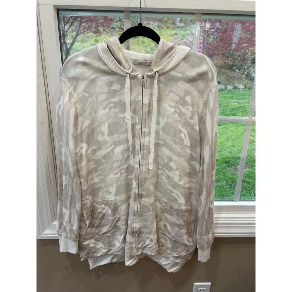 EUC OST Women Camouflage Tan Ivory Beige Full Zip Sweatshirt Hoodie XL